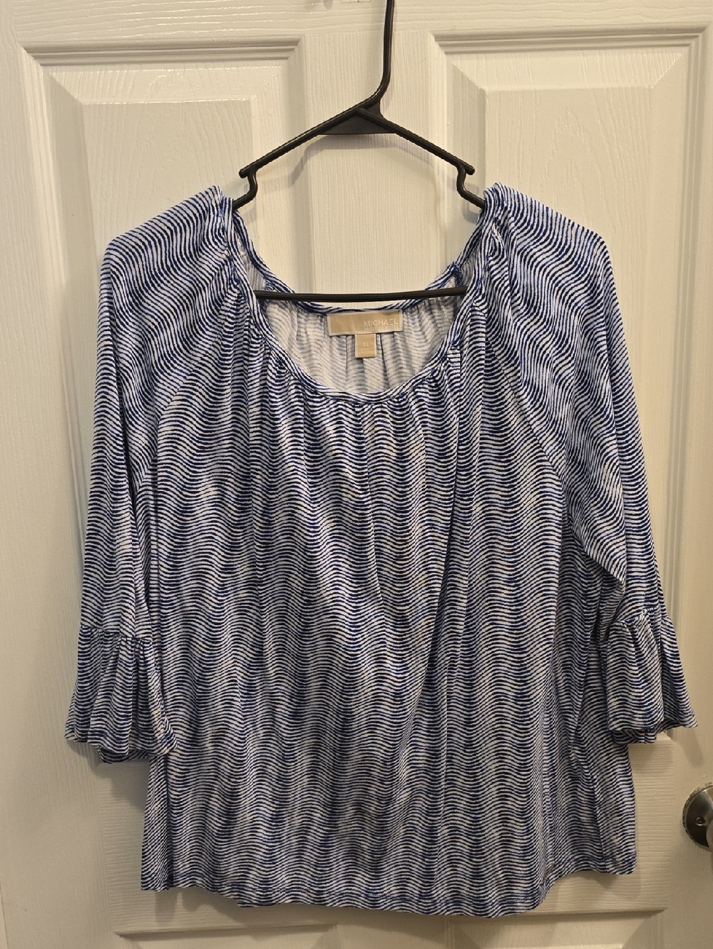 Michael Kors Blue and White Wave-Print Long Sleeve Scoop Top